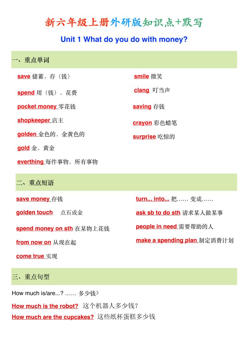 新外研版六年级上英语知识点