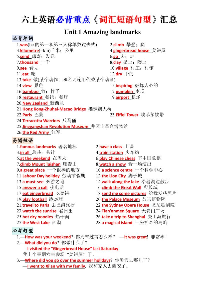 六上英语人教版核心词汇背默清单