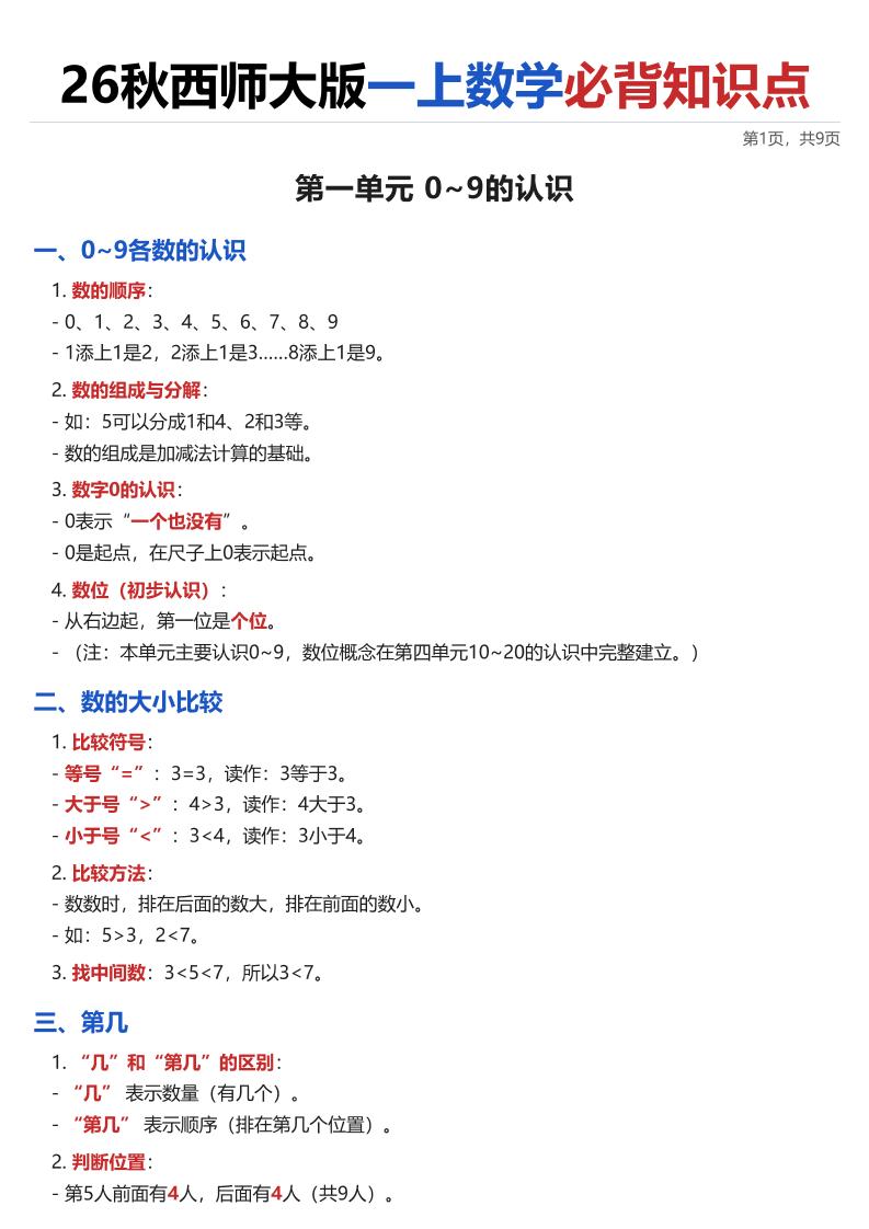26秋西师大版一上数学·必背知识点（全册）